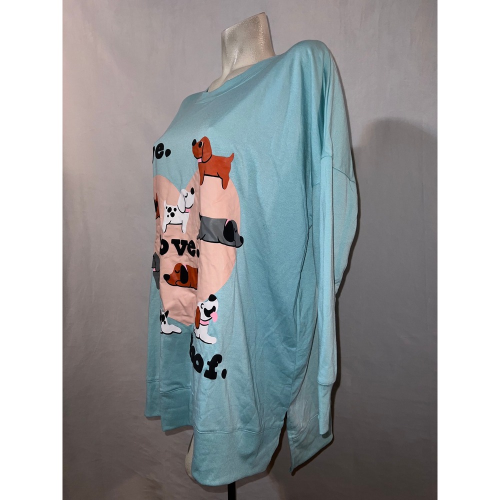 New LuLaRoe Womens XL Live Love Woof Dog Graphic Teal Blue LS HANNAH Pullover - Picture 4 of 8
